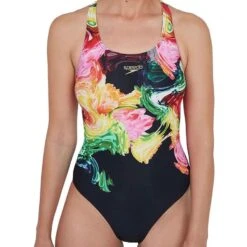 Speedo ColourBlend Placement Digital Powerback Damen Badeanzug Schwarz/rosa/gelb
