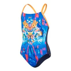 Speedo Badeanzug Dreamscape Fusion Platzierung Digital Crossback Blau Orange Mädchen