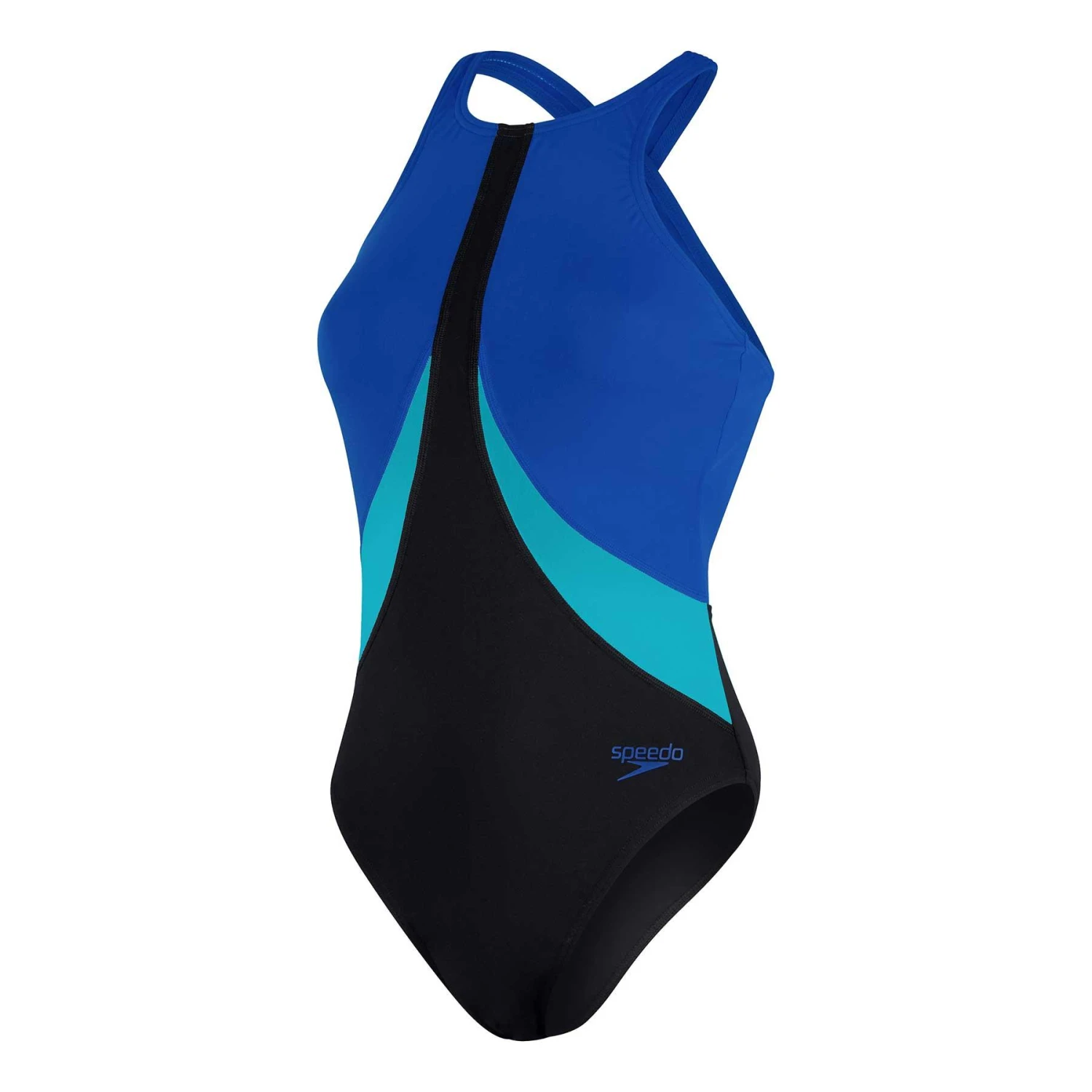 Speedo Colourblock High Neck Crossback Damen Badeanzug Schwarz/marineblau/aquamarinblau 3 Speedo Colourblock High Neck Crossback Damen Badeanzug Schwarz/marineblau/aquamarinblau