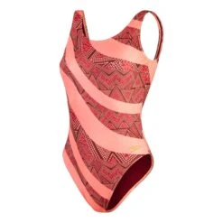 Speedo All Over Print Deep U-Back Damen Badeanzug Granatrot/hellrosa/orange