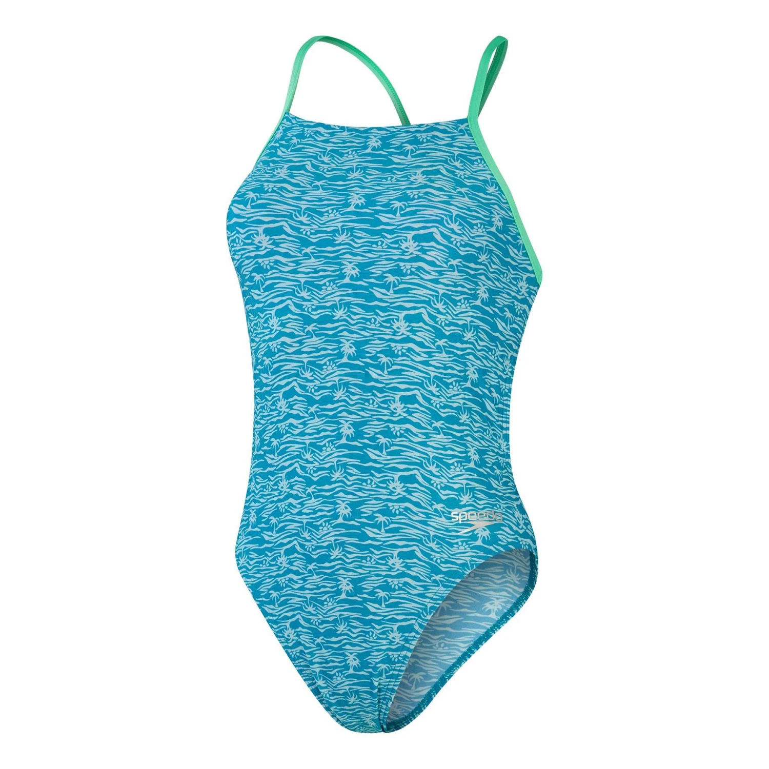 Speedo Allover Print Lattice-Back Damen Badeanzug Hellblau/grün 3 Speedo Allover Print Lattice-Back Damen Badeanzug Hellblau/grün