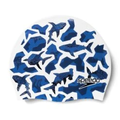 Speedo Printed Silicone Kinder Schwimmkappe Weiß/dunkelblau