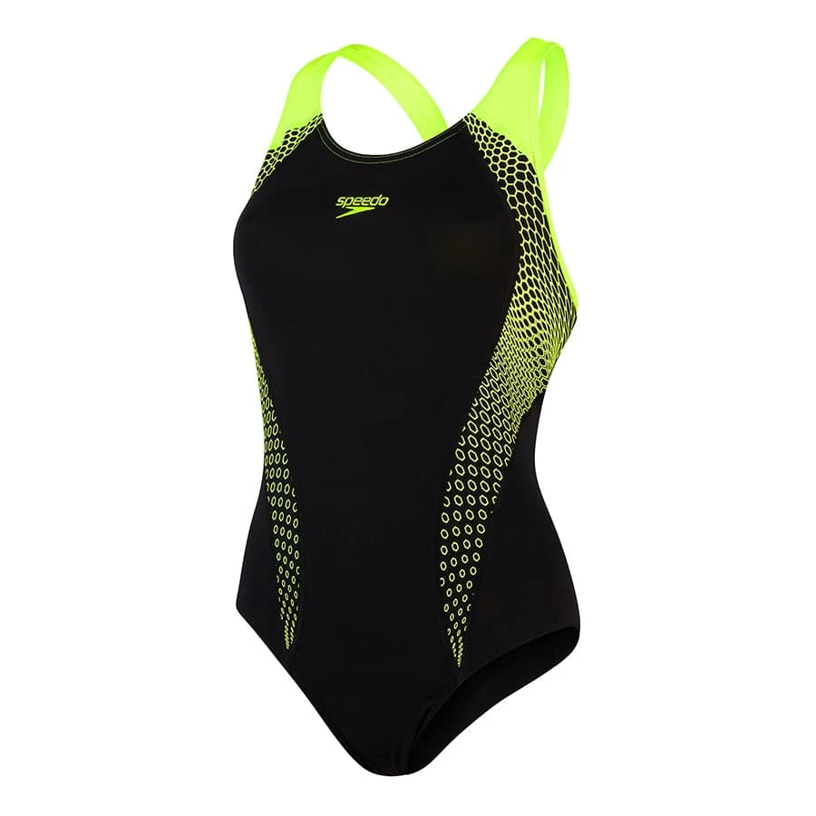 Speedo Placement Laneback Damen Badeanzug Schwarz/gelb 3 Speedo Placement Laneback Damen Badeanzug Schwarz/gelb
