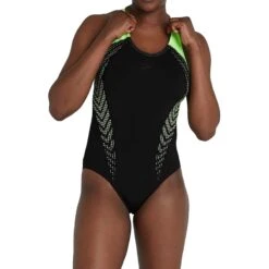 Speedo Allover Panel Laneback Damen Badeanzug Schwarz/grün