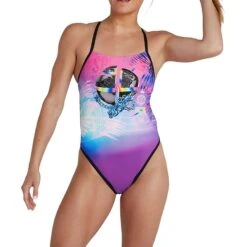 Speedo Placement Ribbonback Damen Badeanzug Rosa/blau/schwarz