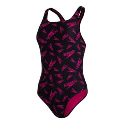 Speedo Boom Logo Allover Medalist Damen Badeanzug Schwarz/rosa
